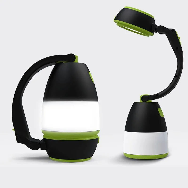 Black/green foldable LED camping lamp showing adjustable head and USB charging port