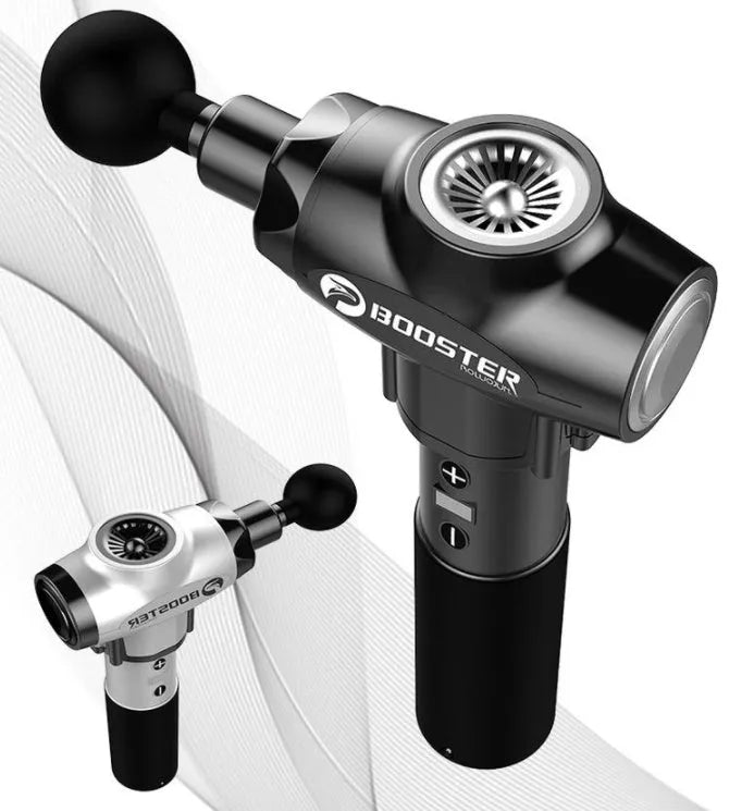 Black and white handheld percussion massage gun with 12mm stroke depth.