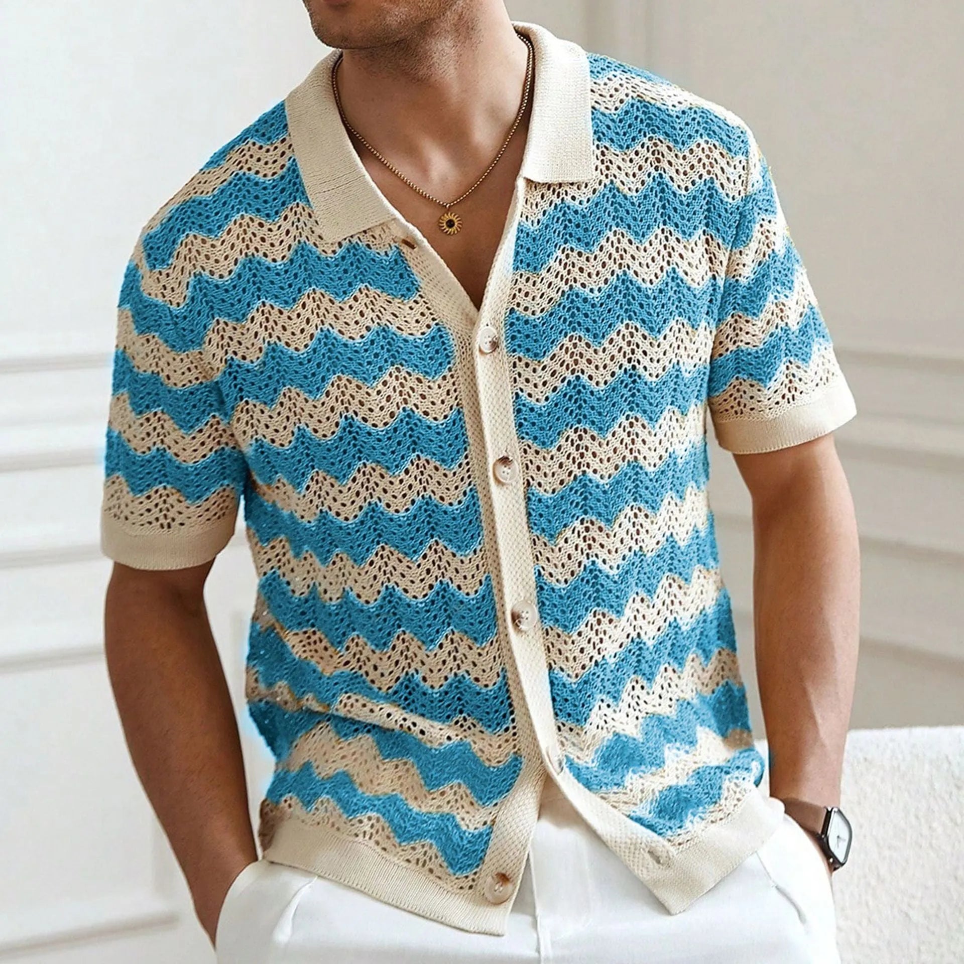 Tencel short sleeve sweater with hollow jacquard corrugated pattern in blue colour