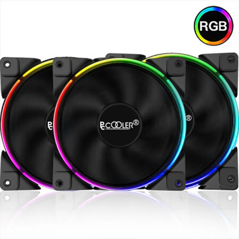 Three 120mm black PC chassis fans with RGB lighting and hydraulic bearing construction