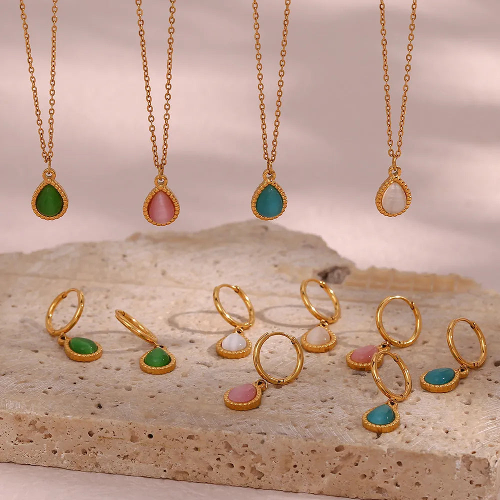 Minimalistic water drops opal earrings and necklace set in stainless steel electroplated finish geometric design