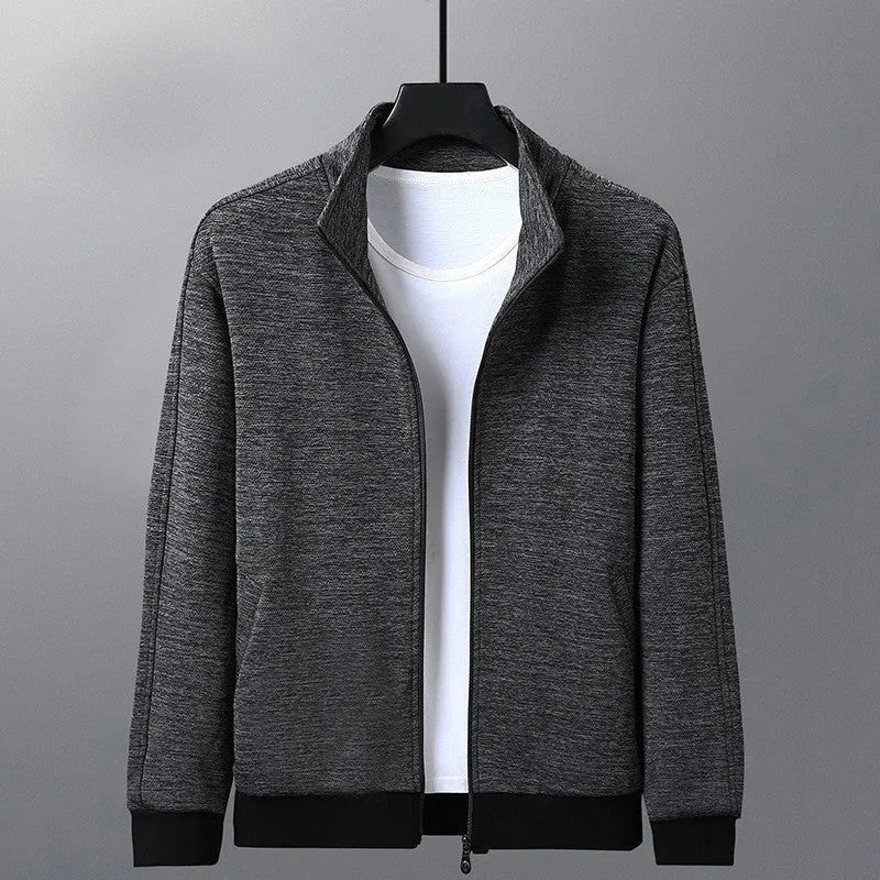 Men's fitted athletic jacket with a stand-up collar and front zipper in a grey colour.