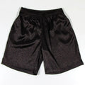 Men's traditional black Tang suit shorts with elasticated drawstring waistband laid flat