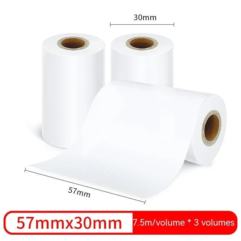 Box containing three rolls of white 57mm wide thermal paper for small printers.