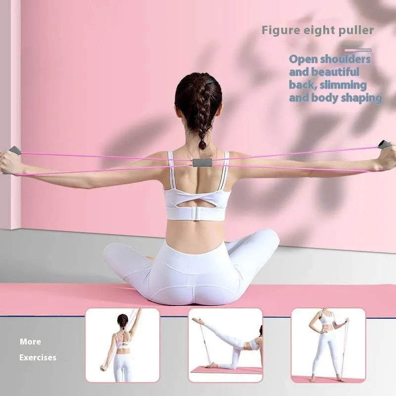 Yoga four piece fitness set showing leg stretcher, yoga ring, pedal device and tension rope