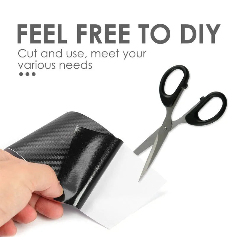 Matte black 3D carbon fibre adhesive protection roll for car door sills in various widths.