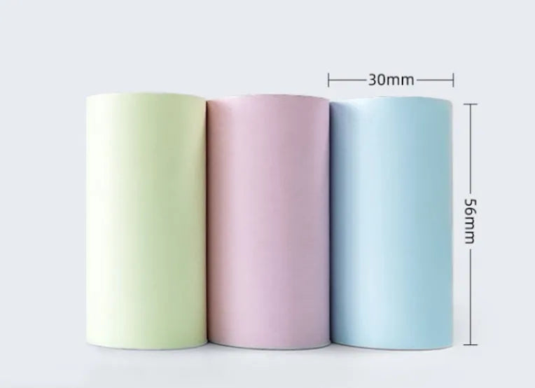 Three rolls of 57mm thermal paper in pink, yellow and blue colours
