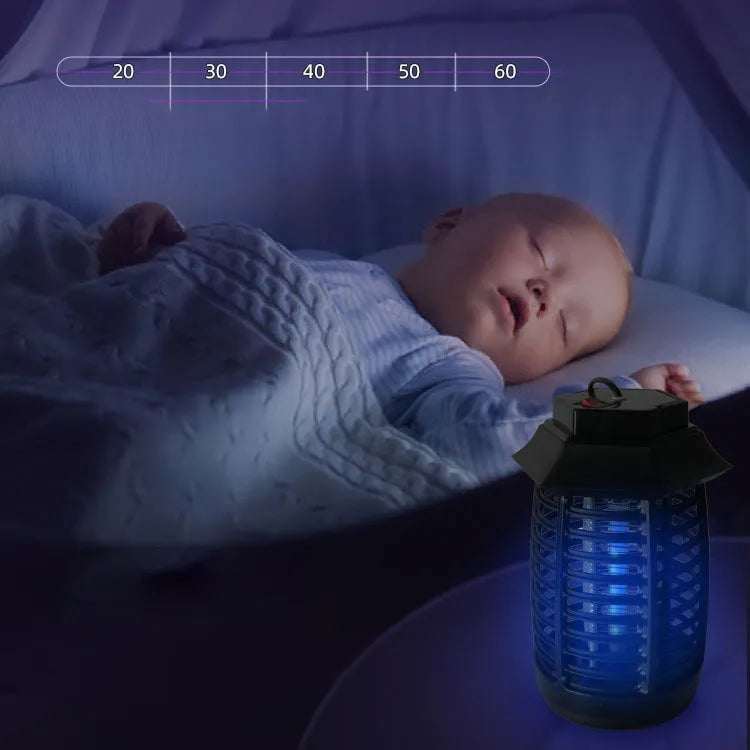Black mosquito killer lamp with UV tube and metal grid for indoor insect control.