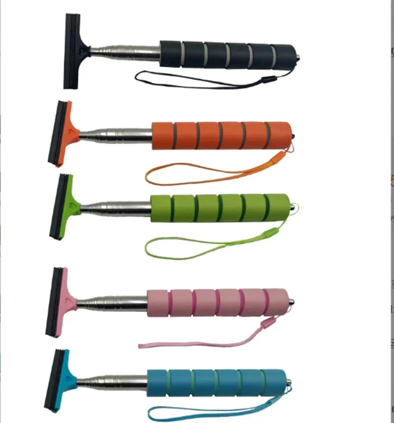 Retractable stainless steel car rearview mirror wiper shown in extended and retracted positions with colour options.