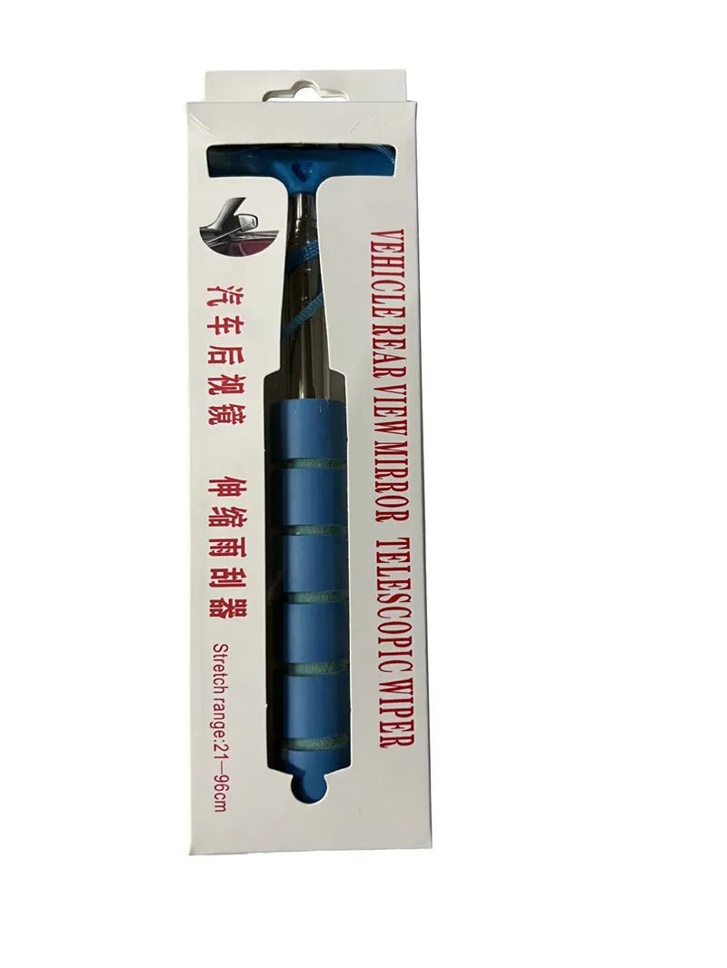 Retractable stainless steel car rearview mirror wiper shown in extended and retracted positions with colour options.