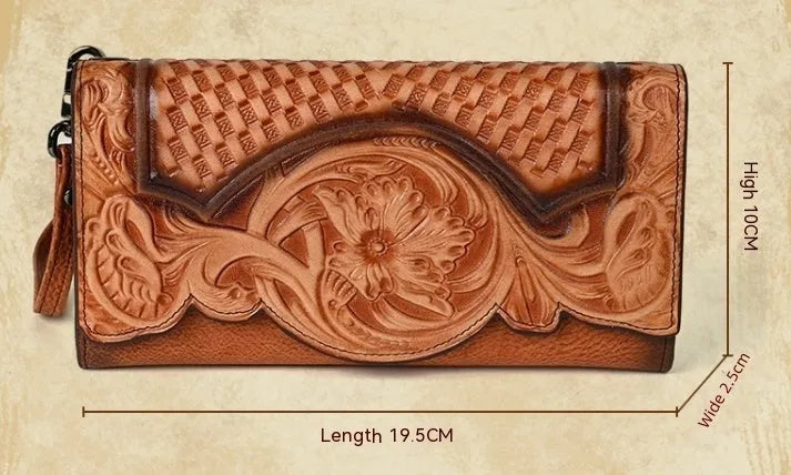 Retro brown embossed floral pattern tri-fold women's wallet made of genuine cowhide leather.