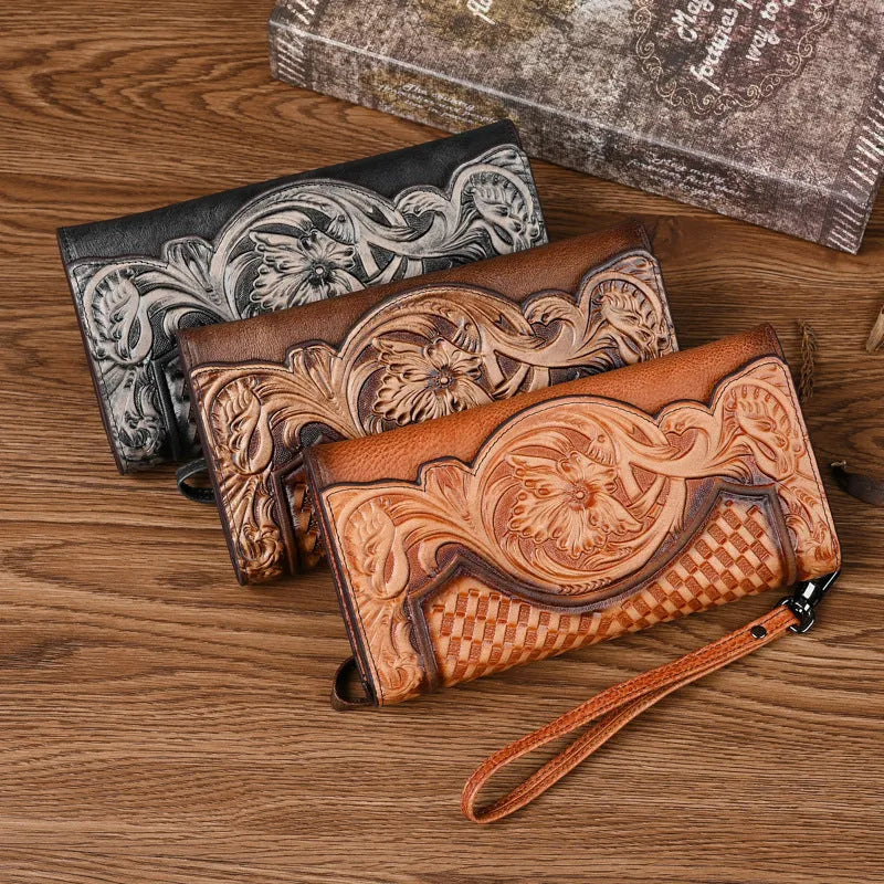 Retro brown embossed floral pattern tri-fold women's wallet made of genuine cowhide leather.