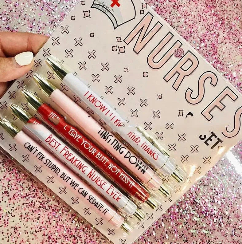 Set of five nurse-themed ballpoint pens with humorous nursing copywriting printed on plastic barrels