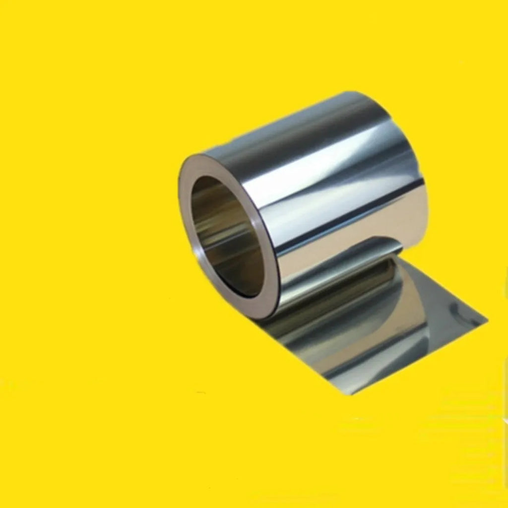Close-up of a roll of thin 304 stainless steel sheet with a brown leather backing, showing measurements.