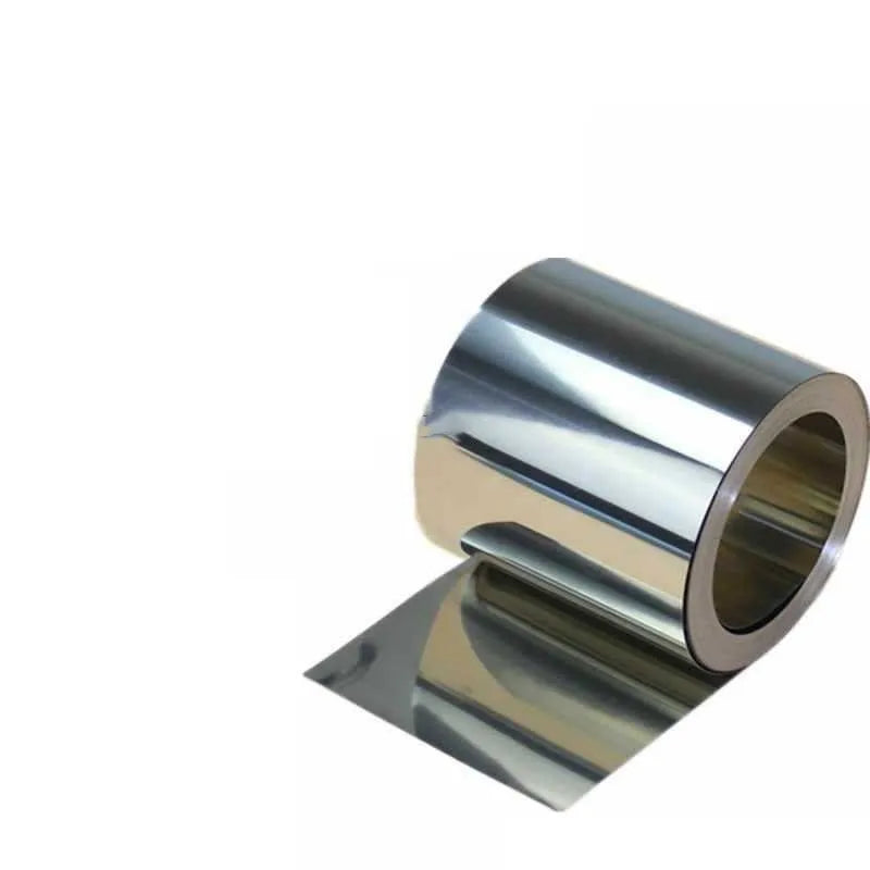 Close-up of a roll of thin 304 stainless steel sheet with a brown leather backing, showing measurements.