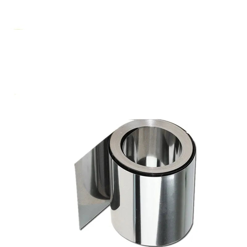Close-up of a roll of thin 304 stainless steel sheet with a brown leather backing, showing measurements.
