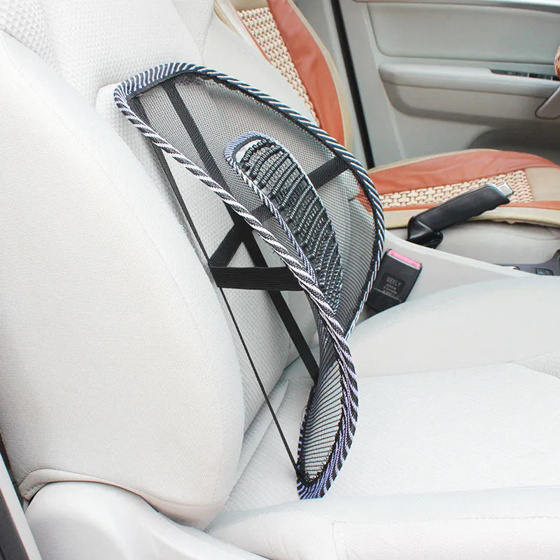 Black car lumbar support pillow with leather nail pattern and steel wire frame measuring 41x39cm