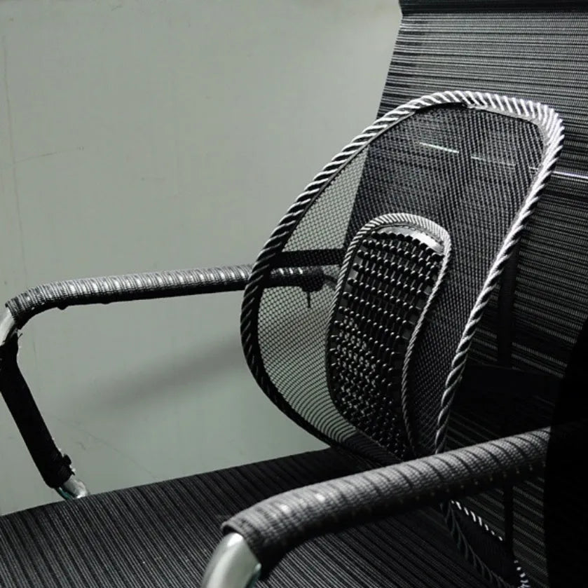 Black car lumbar support pillow with leather nail pattern and steel wire frame measuring 41x39cm