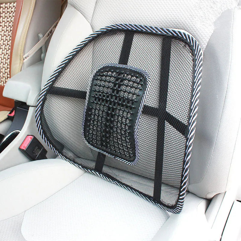 Black car lumbar support pillow with leather nail pattern and steel wire frame measuring 41x39cm