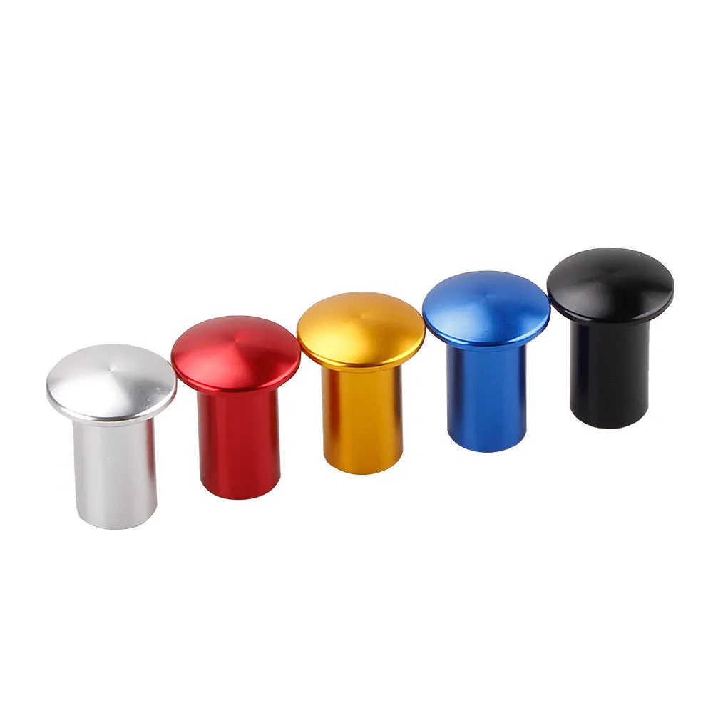 Aluminium alloy hydraulic hand brake release button cap in gold, silver, black, blue, and red colour options.
