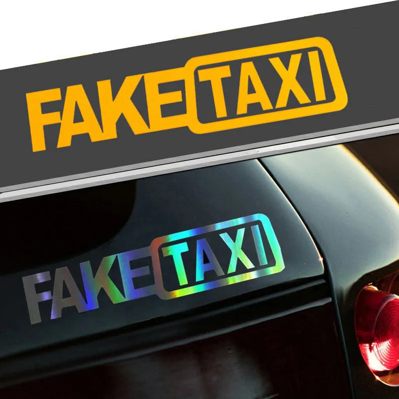 Waterproof PET car warning sticker with FAKE TAXI text measuring 20 by 8 centimetres