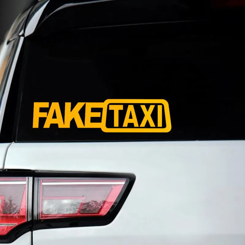 Waterproof PET car warning sticker with FAKE TAXI text measuring 20 by 8 centimetres