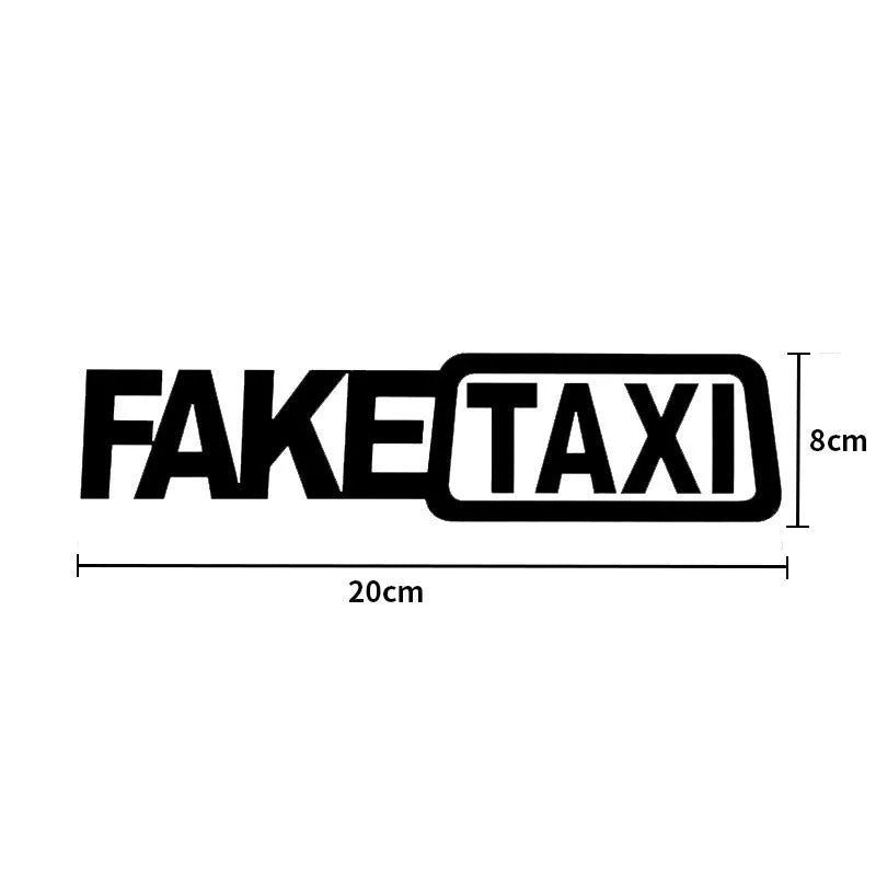 Waterproof PET car warning sticker with FAKE TAXI text measuring 20 by 8 centimetres