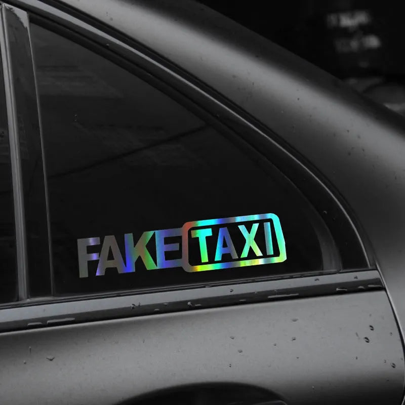 Waterproof PET car warning sticker with FAKE TAXI text measuring 20 by 8 centimetres