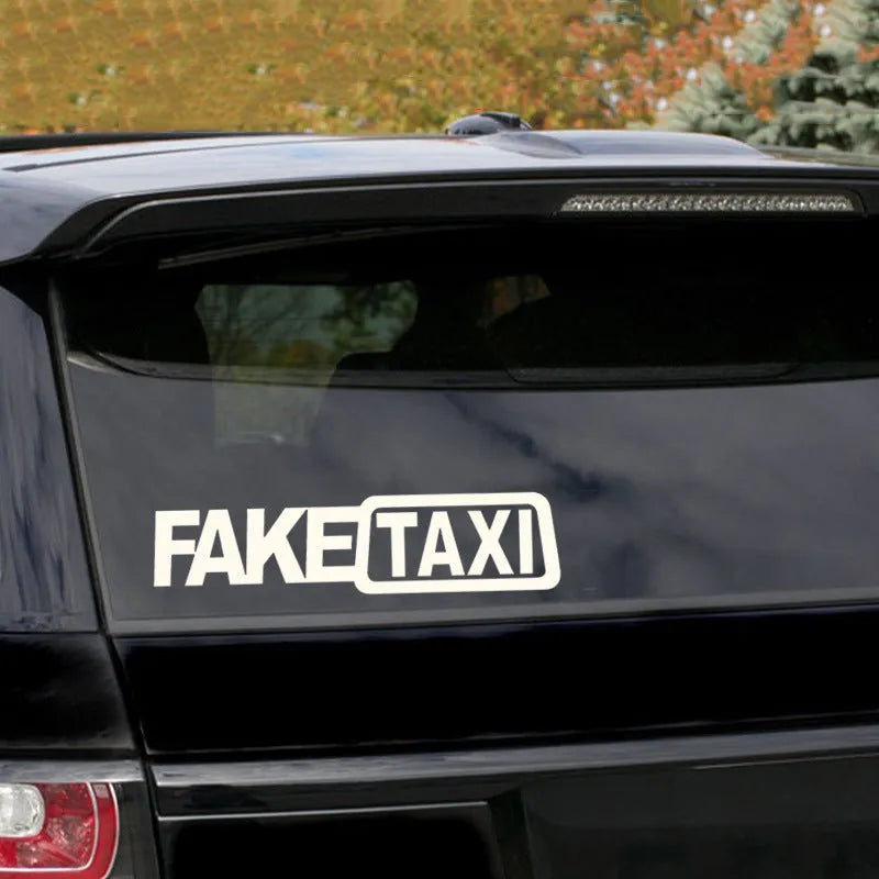 Waterproof PET car warning sticker with FAKE TAXI text measuring 20 by 8 centimetres