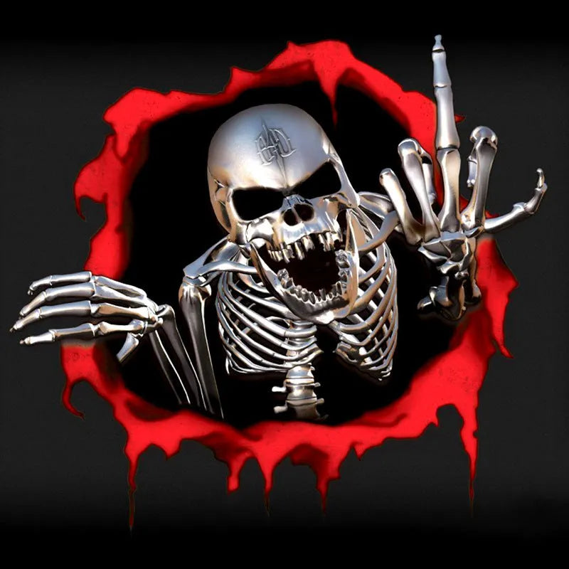 Reflective metal skull car sticker with colourful broken shell design measuring 15x14cm