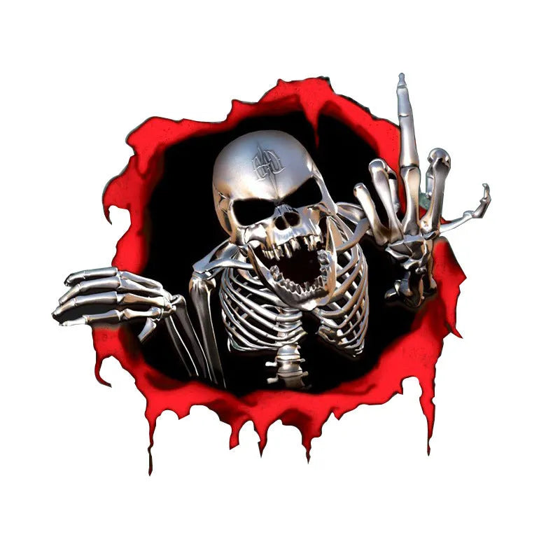 Reflective metal skull car sticker with colourful broken shell design measuring 15x14cm