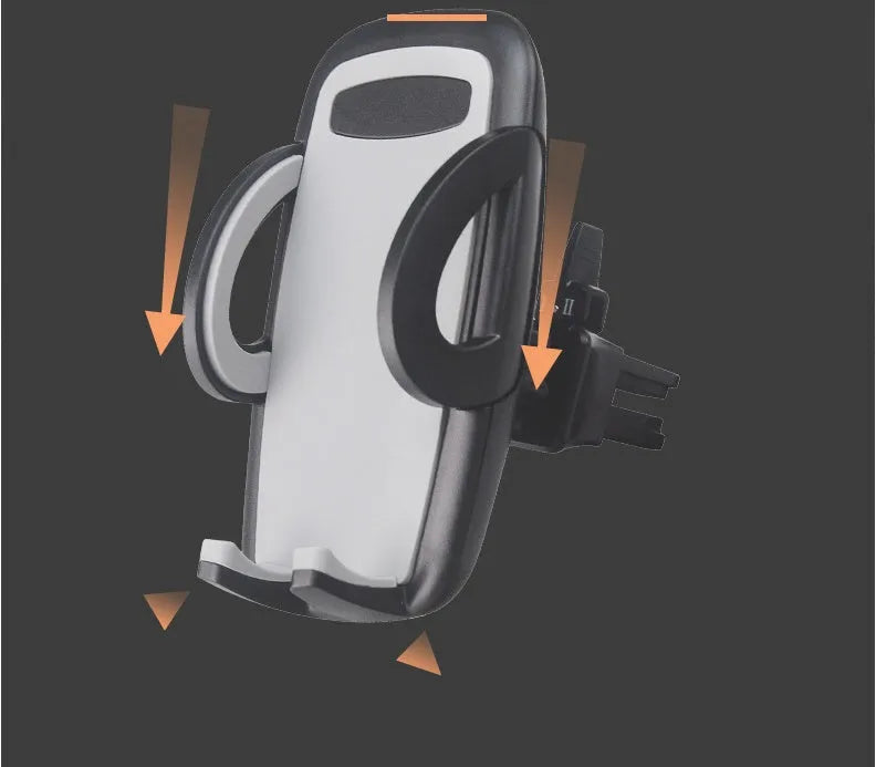 Black plastic car mobile phone holder mounted on vehicle air conditioning outlet