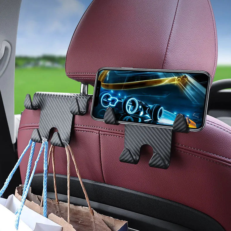 Black ABS plastic car hook and mobile phone holder for rear seat back storage.