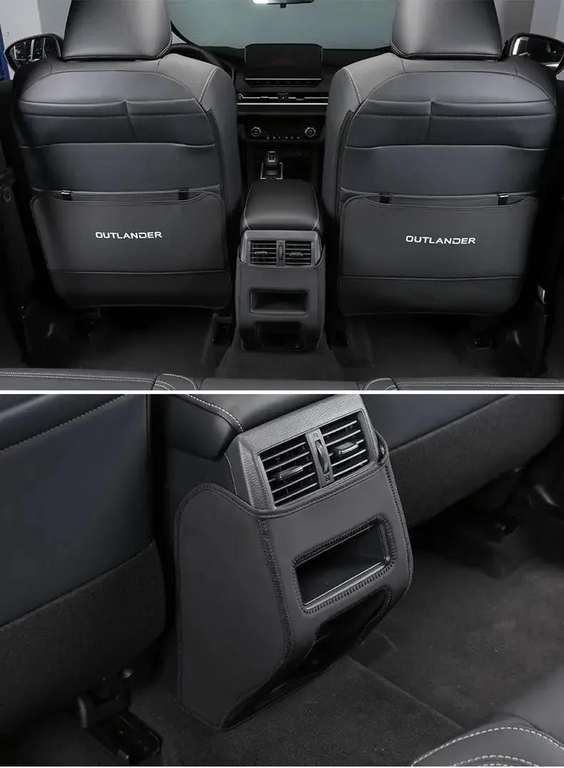 Three leather anti-kick pads for Mitsubishi Outlander seat and console protection.