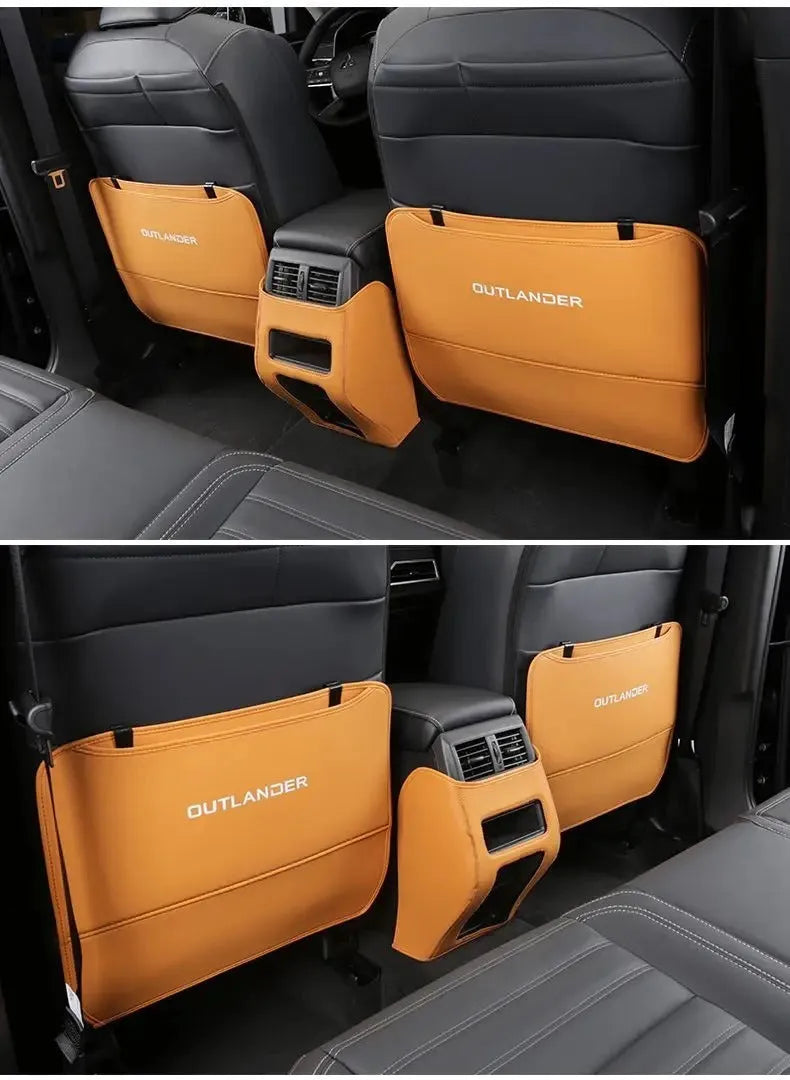 Three leather anti-kick pads for Mitsubishi Outlander seat and console protection.