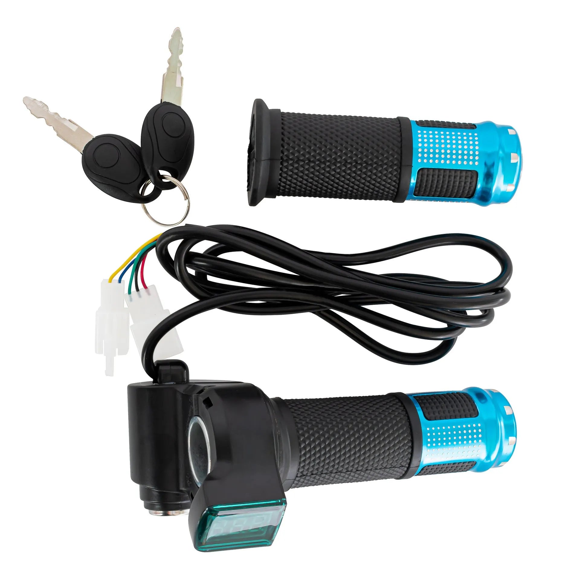 Electric vehicle handlebar grip in blue, red, silver, and yellow colours showing wiring connector