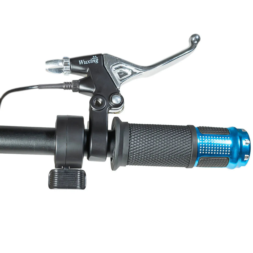 Electric vehicle handlebar grip in blue, red, silver, and yellow colours showing wiring connector