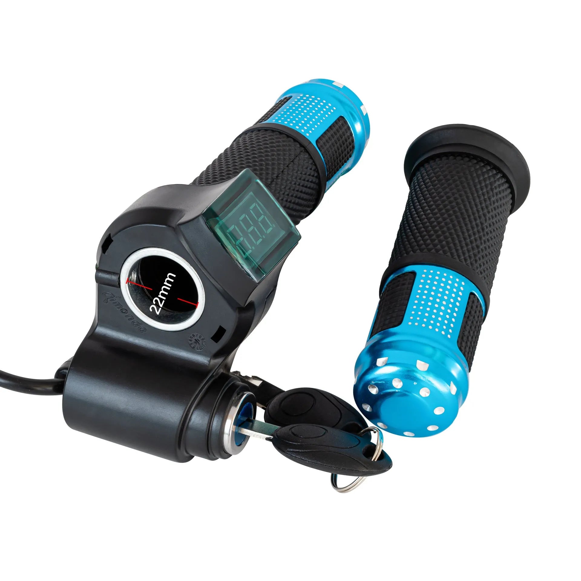 Electric vehicle handlebar grip in blue, red, silver, and yellow colours showing wiring connector