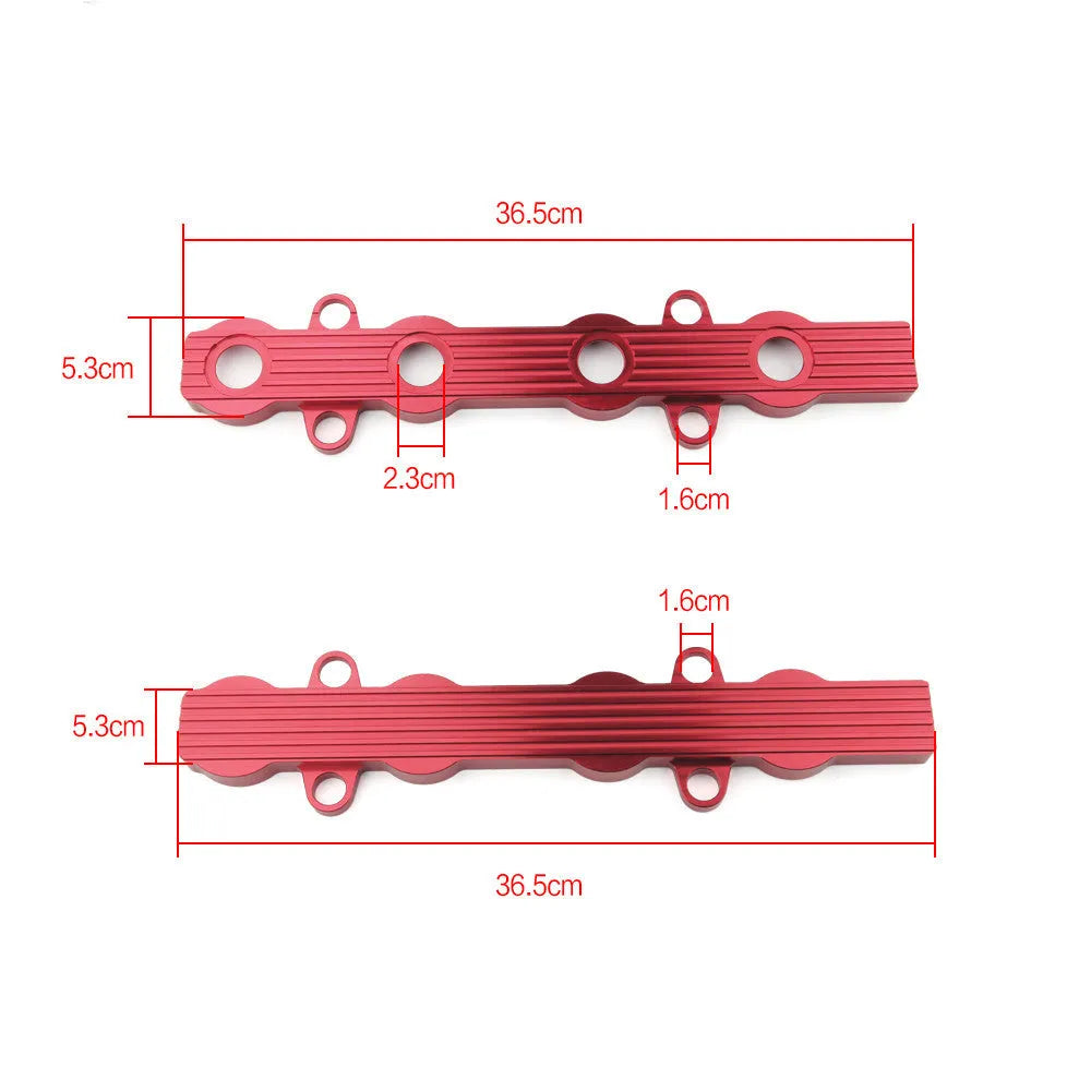 Aluminium engine housing panel in blue, red, and silver colours, showing versions with and without holes.