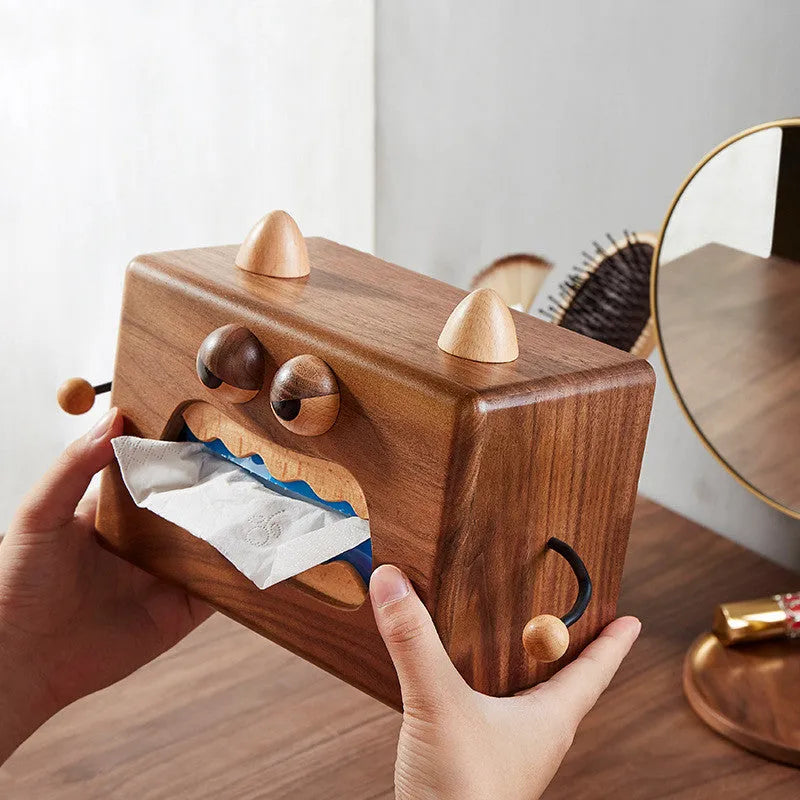 Wooden cartoon little monster tissue box in walnut beech colour, 190x104x125mm dimensions