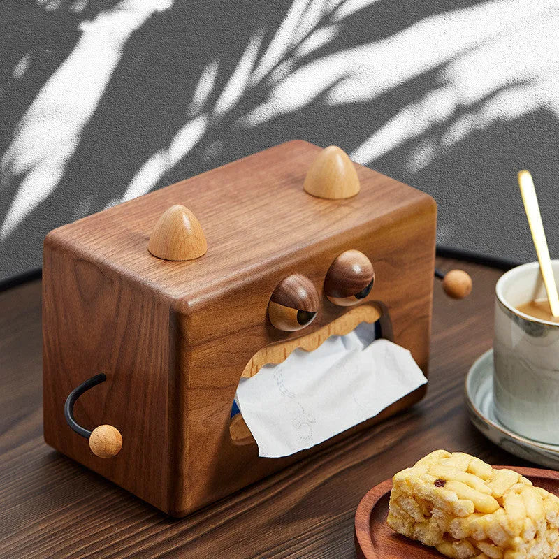 Wooden cartoon little monster tissue box in walnut beech colour, 190x104x125mm dimensions