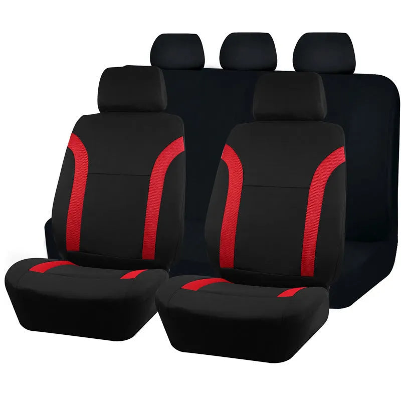 Polyester eyelet-stitch car seat cover set shown in available colours: blue, red, black, and grey.