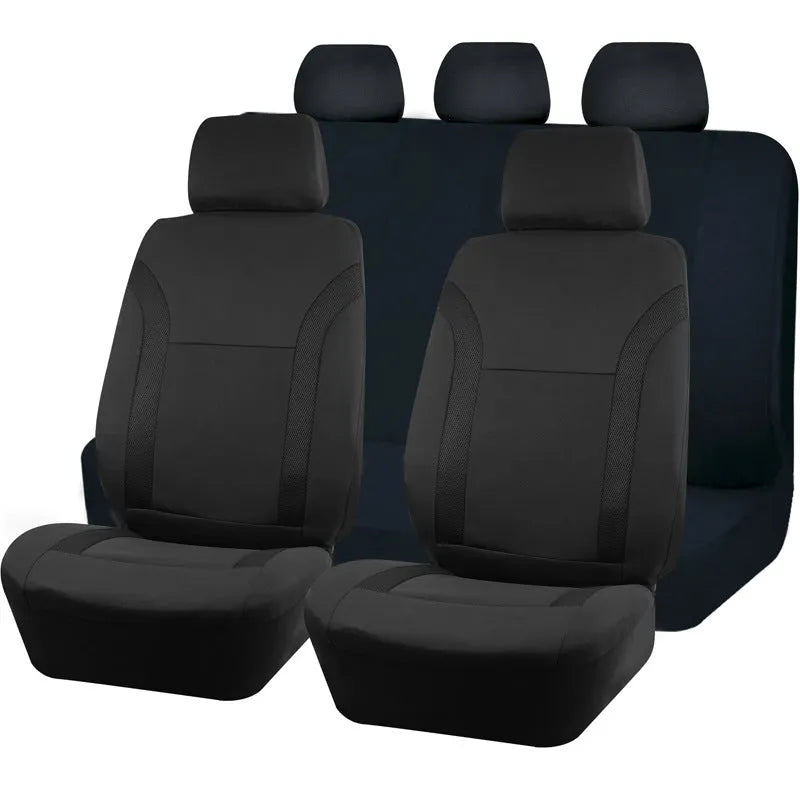 Polyester eyelet-stitch car seat cover set shown in available colours: blue, red, black, and grey.