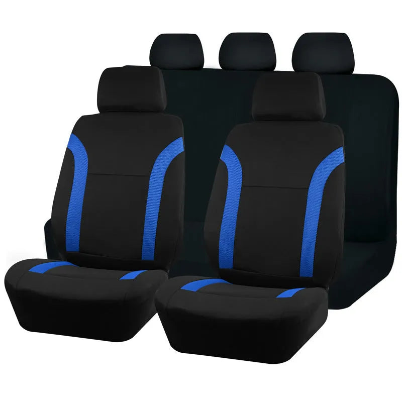 Polyester eyelet-stitch car seat cover set shown in available colours: blue, red, black, and grey.