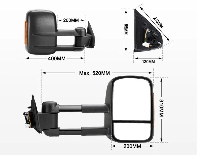 Pair of black electric wing mirrors with integrated side light for Nissan NP300 Navara.