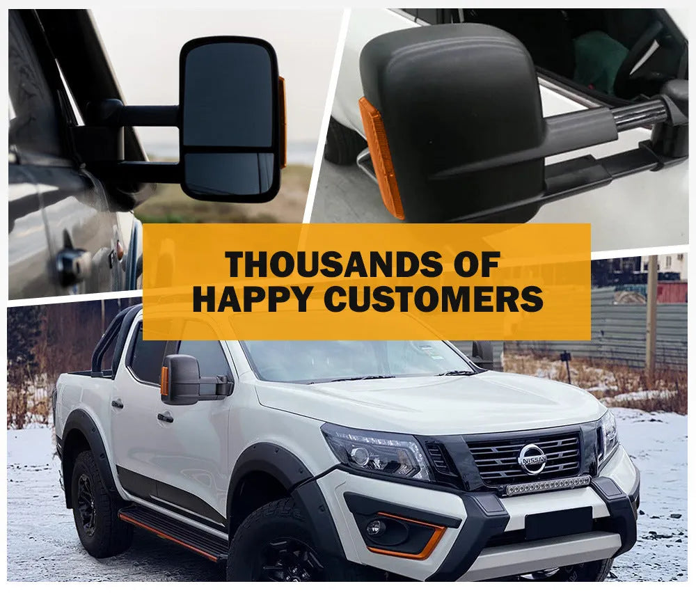Pair of black electric wing mirrors with integrated side light for Nissan NP300 Navara.