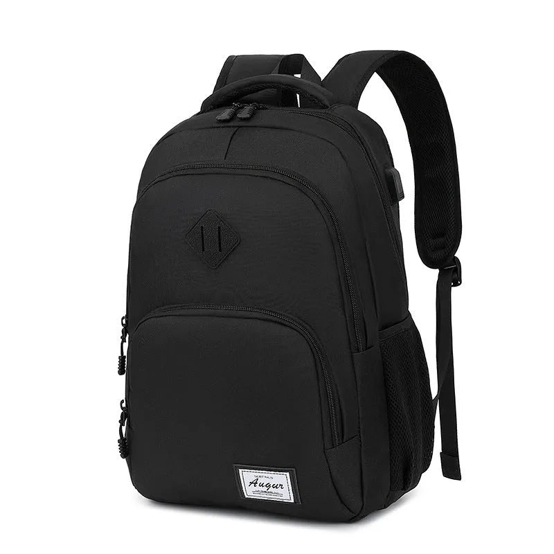 Grey nylon backpack with USB charging port showing dimensions 32cm length by 46cm height