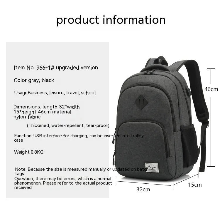 Grey nylon backpack with USB charging port showing dimensions 32cm length by 46cm height