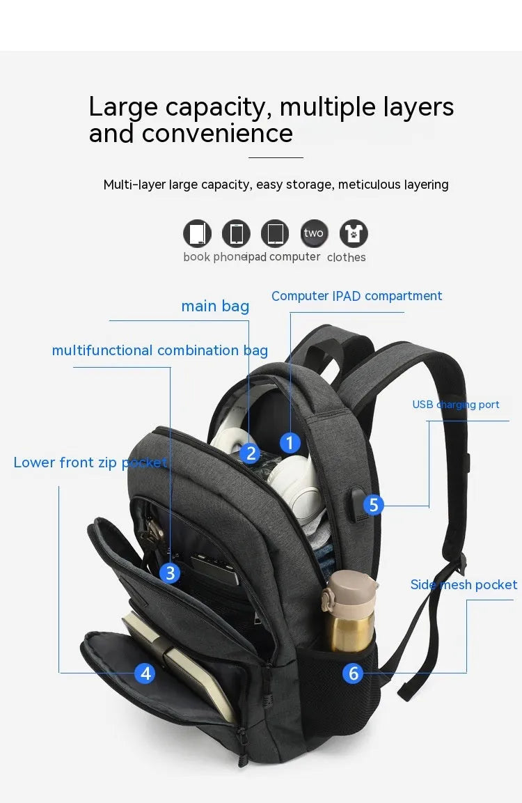 Grey nylon backpack with USB charging port showing dimensions 32cm length by 46cm height