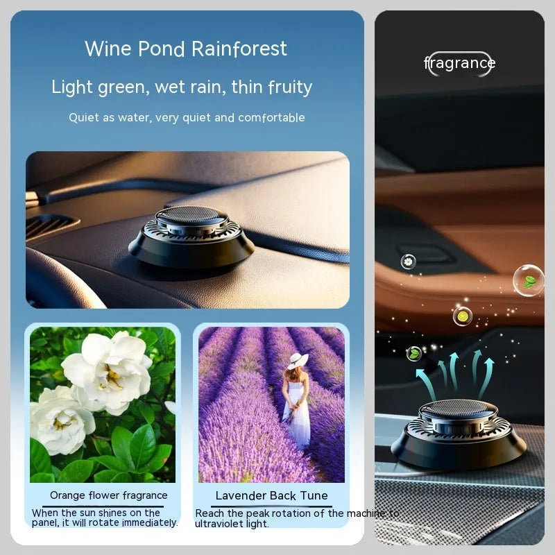 Solar powered kinetic car air freshener with double ring rotating design